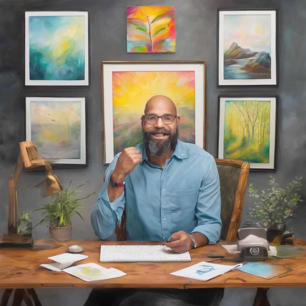 Ανθρώπινος άνδρας σε γραφείο με πίνακες τέχνης, συμβολίζοντας την αλλαγή και το δυναμικό πνεύμα.