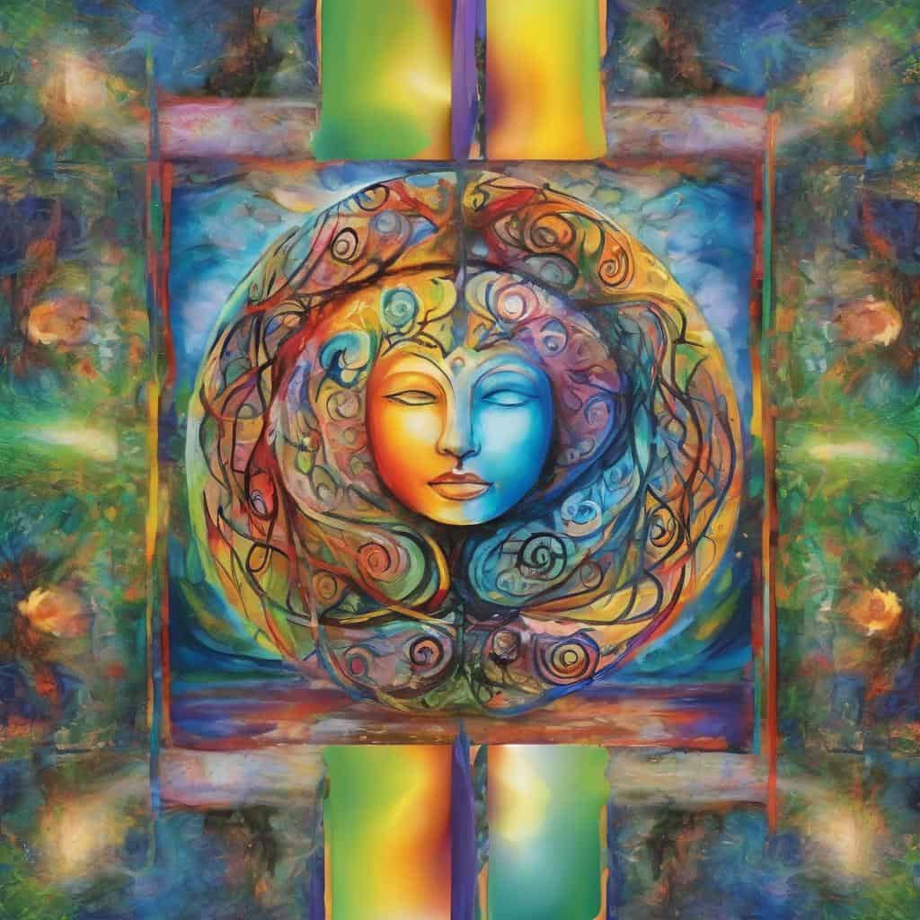 Πομπή με πολύχρωμα μοτίβα και γυναικείο πρόσωπο, σύμβολο εσωτερικής δύναμης και μεταμόρφωσης.