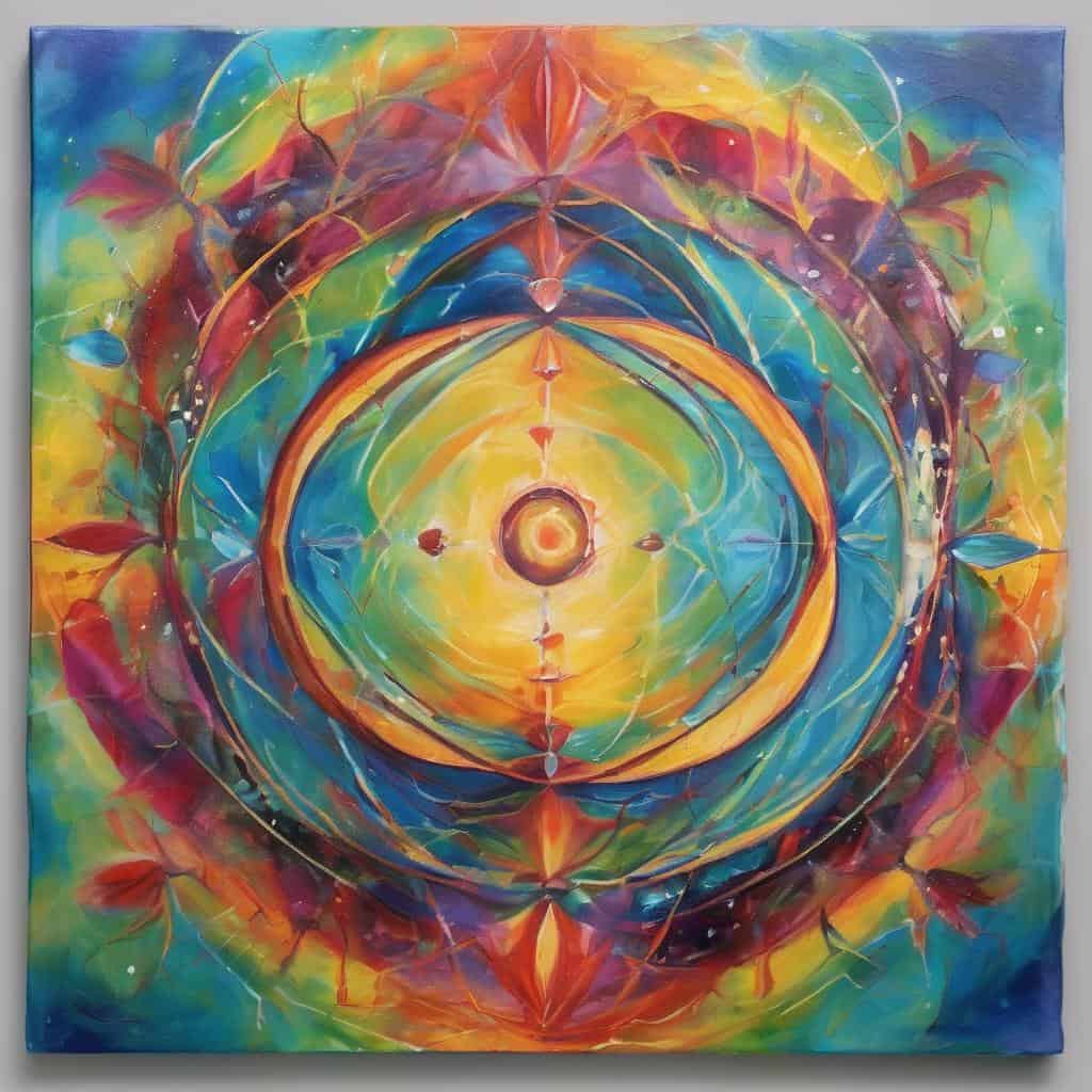 Αλλαγή και δύναμη στην τέχνη, συμβολισμοί μεταμόρφωσης και αυτοεξέλιξης, ζωγραφική με ζωηρά χρώματα και δυναμική σύνθεση.