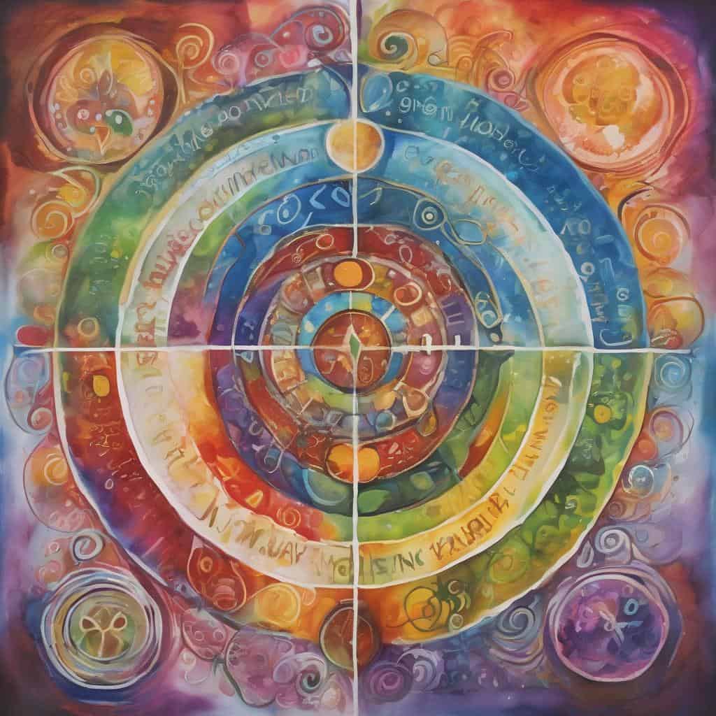 Στρογγυλός, πολύχρωμος πίνακας με κυκλικά μοτίβα και αφηρημένη τέχνη, ιδανικός για έμπνευση και αυτοβελτίωση.